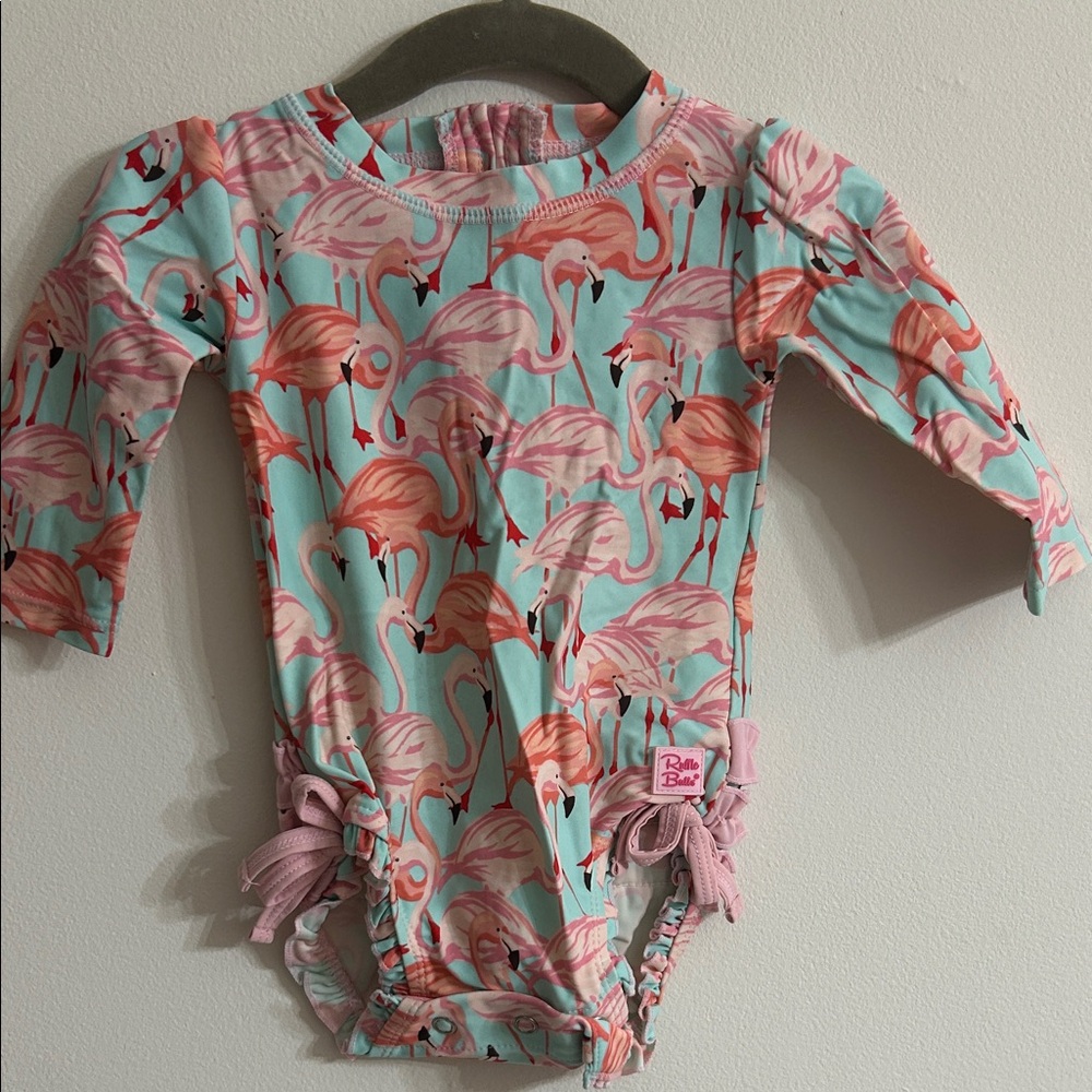 Flamingo Print Long Sleeve Baby Swim Suit Ruffle Butt Size 3-6 months.